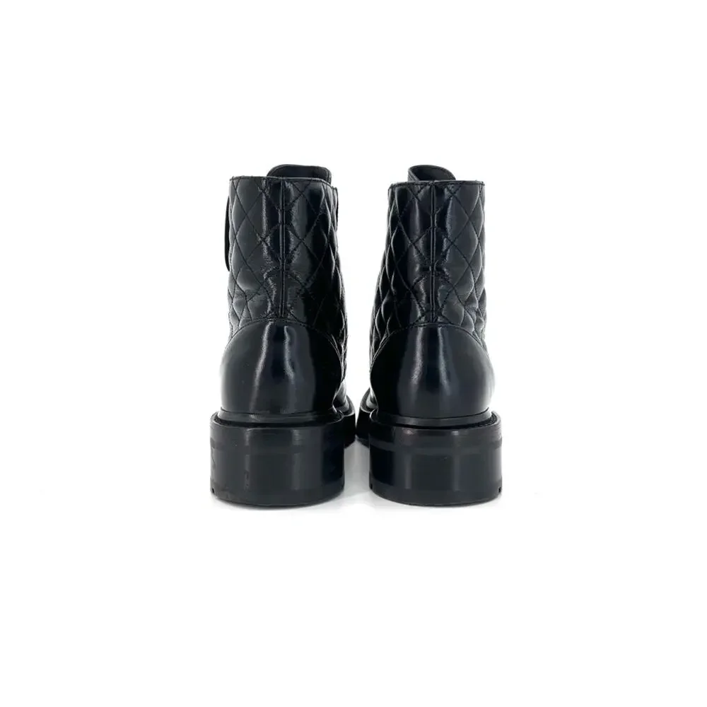 Chanel Brave Shiny Calfskin Quilted CC Chain Cap Toe Platform Short Boots 37